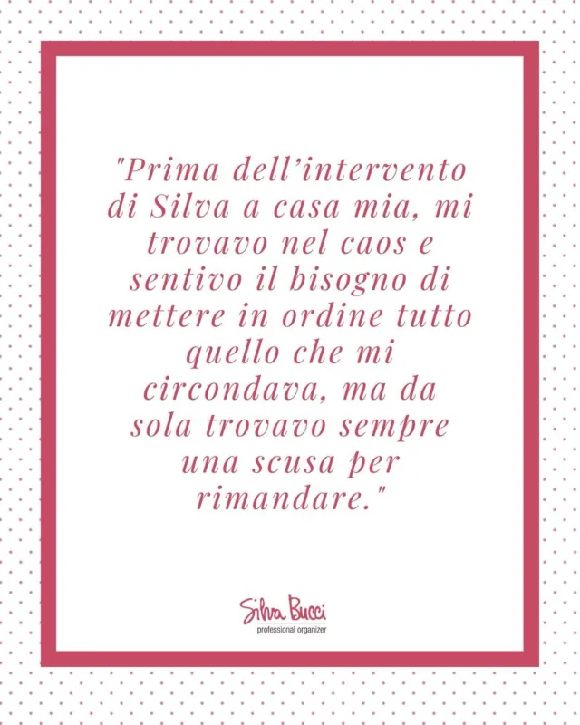 Dal caos all’ordine, un passo alla volta!

“Mi trovavo nel caos e sentivo il bisogno di mettere in ordine tutto quello che mi circondava, ma da sola trovavo sempre una scusa per rimandare.”

La frase è di una cliente soddisfatta che ha scelto di farsi aiutare. 
💡 Spesso sappiamo di voler fare ordine, ma ci sentiamo bloccati e rimandiamo. Il segreto? Non farlo da soli!

Con il mio supporto, affrontiamo il disordine un passo alla volta, con metodo e senza stress. E il risultato? Più spazio, più leggerezza, più chiarezza.

📩 Se anche tu vuoi smettere di rimandare e iniziare a riorganizzare e fare ordine davvero, scrivimi!

#silvabuccipo  #decluttering #perlavoroeperpassione #spaceclearing #procrastinazione #cambiamento #organizzalacasa #benessere #organizzazione #professionalorganizer #spaziocheparladite