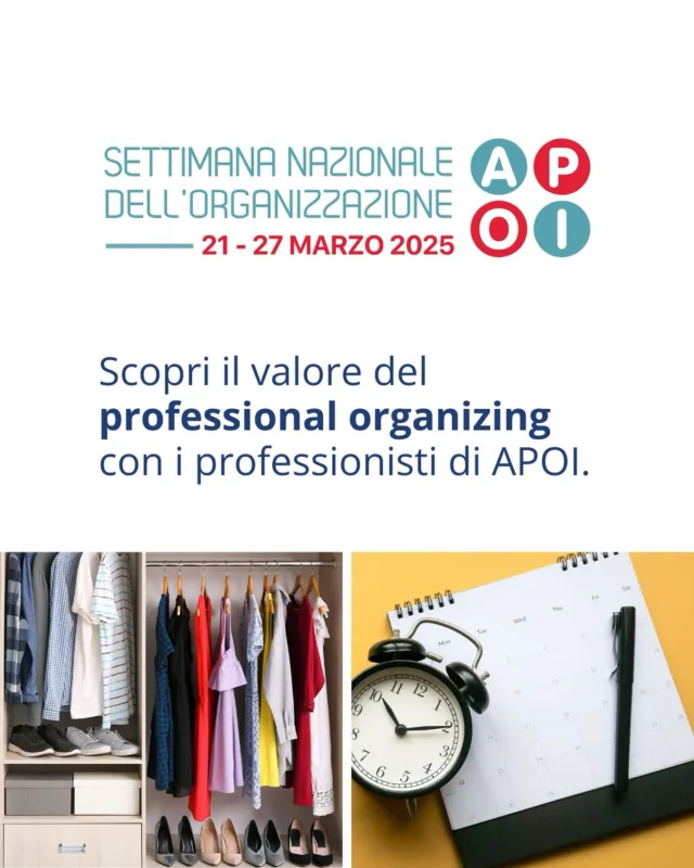 Anche quest’anno, dal 21 al 27 marzo, torna la Settimana dell’Organizzazione di APOI, tutta rinnovata!  
Dal 2021 al 2024 ho avuto il piacere di esserne referente, e quest’anno le nuove leve hanno portato belle novità… ma il concetto resta lo stesso: far conoscere i benefici dell’organizzazione nella vita di tutti i giorni!

Ogni giorno si parlerà di un tema diverso: casa, lavoro, tempo, famiglia, cambiamenti, salute e benessere, scuola e istruzione. 
E ci sarò anch’io con il mio contributo! 
Seguimi e segui @associazioneapoi per scoprire tutti i contenuti! Sul sito www.apoi.it trovi tutte le info!

#Sdo2025 #silvabuccipo #professionalorganizing #perlavoroeperpassione #lifestyle #organizzazione