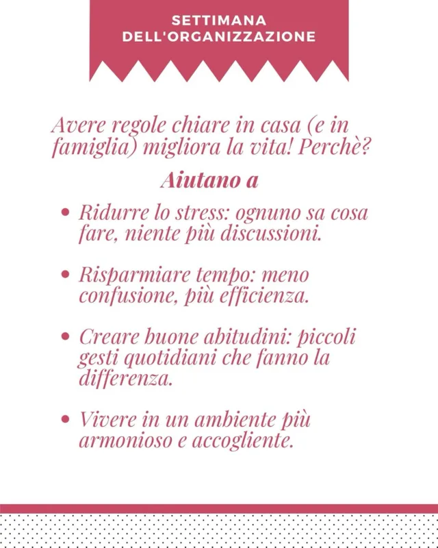 Giorno 4 della Settimana dell’Organizzazione di Apoi 2025 il tema è la famiglia! Ed ecco il mio contributo…

Perché avere regole chiare in casa (e in famiglia) migliora la tua vita?

L’organizzazione non è solo questione di ordine, ma di serenità! Regole semplici e condivise aiutano a: ✅ Ridurre lo stress: ognuno sa cosa fare, niente più discussioni. ✅ Risparmiare tempo: meno confusione, più efficienza. ✅ Creare buone abitudini: piccoli gesti quotidiani che fanno la differenza. ✅ Vivere in un ambiente più armonioso e accogliente.

🧐 Vuoi scoprire alcune regole facili che semplificano la vita? 👉 Vieni a vedere come lavoro e come lavoriamo noi Professional Organizer! 

L’organizzazione è un percorso, e con il supporto giusto diventa molto più semplice.
🔜 Nel prossimo post ti svelo alcune regole pratiche per la tua casa!

#Sdo2025 #silvabuccipo #perlavoroeperpassione